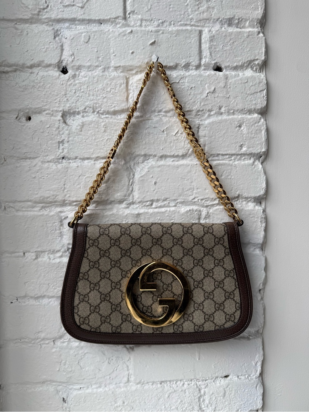 Gucci Beige Monogram Shoulder Bag with Brown Trim and Gold Hardware